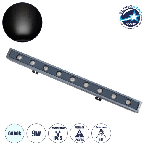 GLOBOSTAR® WASHERMARGO 90174 Μπάρα Φωτισμού Wall Washer LED 9W 1080lm 30° DC 24V Αδιάβροχο IP65 Ψυχρό Λευκό 6000K Dimmable - Bridgelux SMD Chip - Γκρι Ανθρακί - Μ50 x Π4 x Υ5cm - 3 Χρόνια Εγγύηση