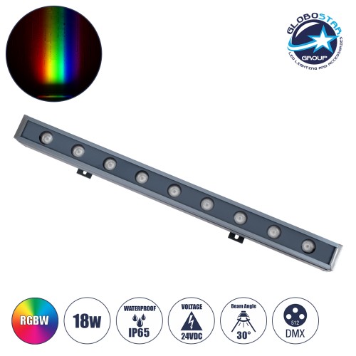 GLOBOSTAR® WASHERMARGO 90177 Μπάρα Φωτισμού Wall Washer LED 18W 1530lm 30° DC 24V Αδιάβροχο IP65 Πολύχρωμο RGBW Dimmable DMX512 - Bridgelux SMD Chip - Γκρι Ανθρακί - Μ50 x Π4 x Υ5cm - 3 Χρόνια Εγγύηση