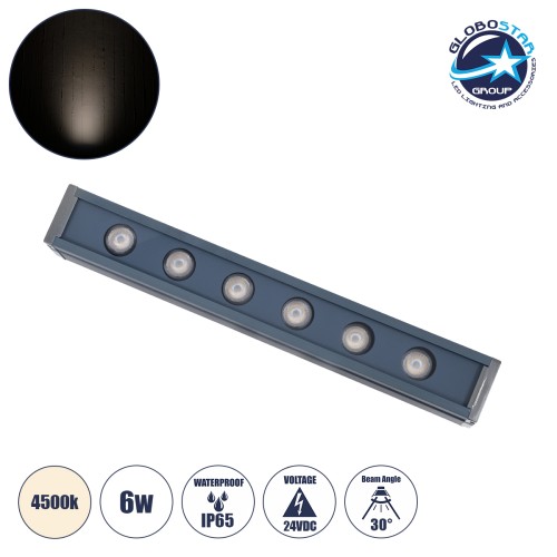 GLOBOSTAR® WASHERMARGO 90180 Μπάρα Φωτισμού Wall Washer LED 6W 690lm 30° DC 24V Αδιάβροχο IP65 Φυσικό Λευκό 4500K Dimmable - Bridgelux SMD Chip - Γκρι Ανθρακί - Μ30 x Π4 x Υ5cm - 3 Χρόνια Εγγύηση