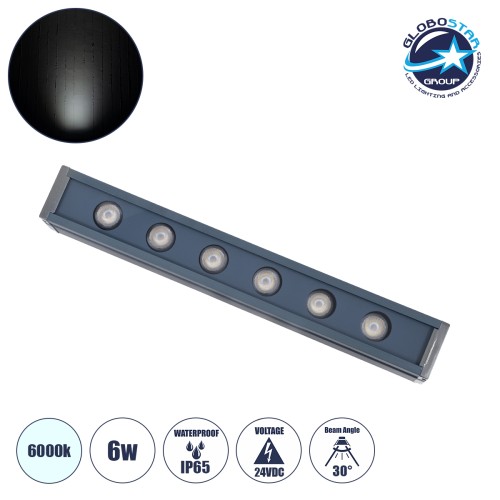 GLOBOSTAR® WASHERMARGO 90181 Μπάρα Φωτισμού Wall Washer LED 6W 720lm 30° DC 24V Αδιάβροχο IP65 Ψυχρό Λευκό 6000K Dimmable - Bridgelux SMD Chip - Γκρι Ανθρακί - Μ30 x Π4 x Υ5cm - 3 Χρόνια Εγγύηση