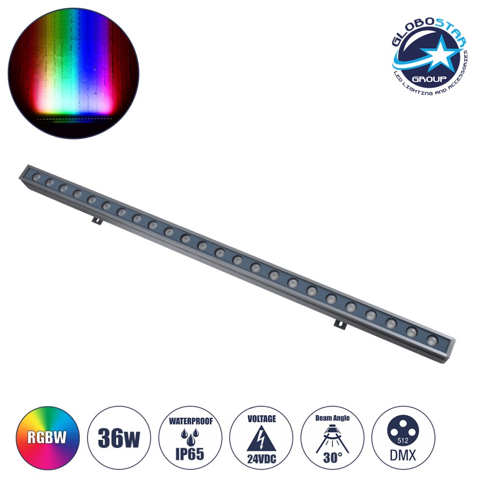 GLOBOSTAR® WASHERFAIA 90185 Μπάρα Φωτισμού Wall Washer LED 36W 3060lm 30° DC 24V Αδιάβροχο IP65 Πολύχρωμο RGBW Dimmable DMX512 - Bridgelux SMD Chip - Γκρι Ανθρακί - Μ100 x Π4 x Υ5cm - 3 Χρόνια Εγγύηση