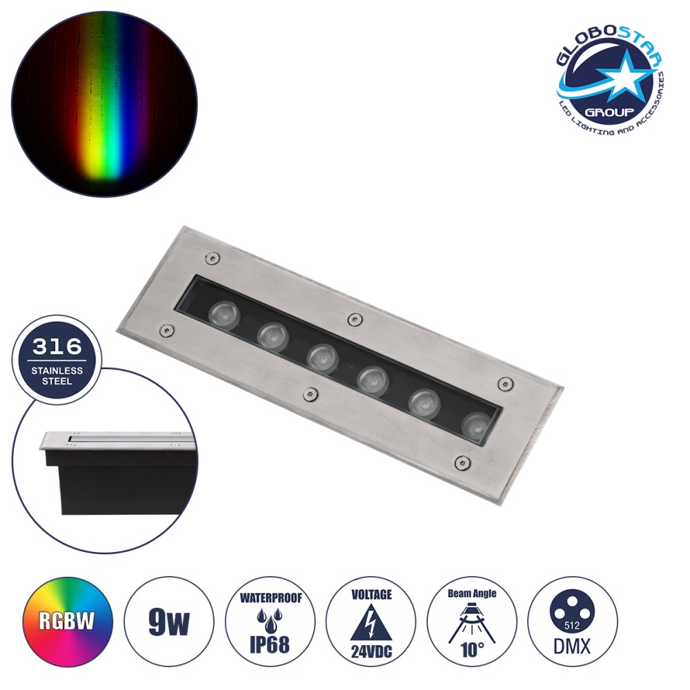 GLOBOSTAR® UNDERGROUNDREMVI 90191 Χωνευτή Μπάρα Φωτισμού Wall Washer LED 9W 765lm 10° DC 24V Αδιάβροχο IP68 Πολύχρωμο RGBW Dimmable DMX512 - Bridgelux SMD Chip - Ανοξείδωτο Ατσάλι SS316 - Μ30 x Π9 x Υ8.5cm / Q28.5 x 7.5cm - 3 Χρόνια Εγγύηση