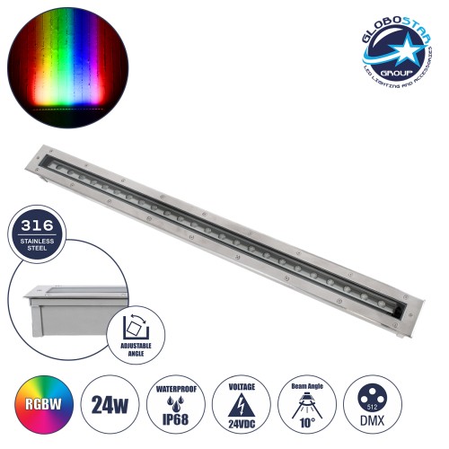 GloboStar® UNDERGROUND-PASSAGGIO 90197 Χωνευτό Φωτιστικό Wall Washer Δαπέδου LED 24W 2040lm 10° DC 24V Αδιάβροχο IP68 με Ρυθμιζόμενη Γωνία Φωτισμού L108 x W9 x H7.5cm RGBW DMX512 - Ανοξείδωτο Ατσάλι - 3 Years Warranty