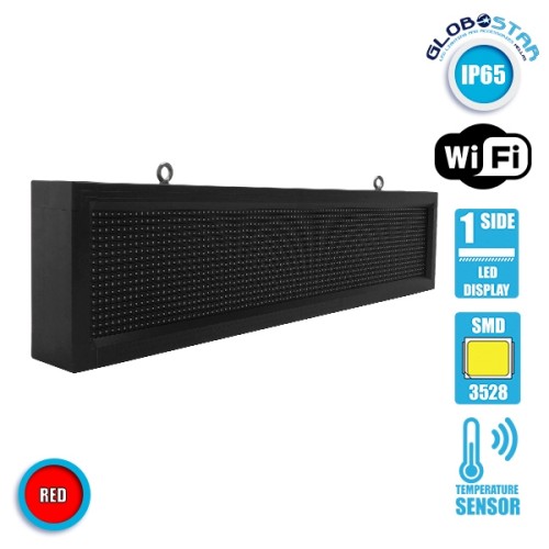 GLOBOSTAR® DISPLAY 90251 Κυλιόμενη Ψηφιακή Επιγραφή Μονής Όψης 96x16cm P10 96x16 Pixel LED 75W AC 220-240V Αδιάβροχο IP65 Κόκκινο - WiFi Control μέσω FK APP - Αισθητήρας Θερμοκρασίας & Υγρασίας - Μ104 x Π9 x Υ24cm - 2 Χρόνια Εγγύηση