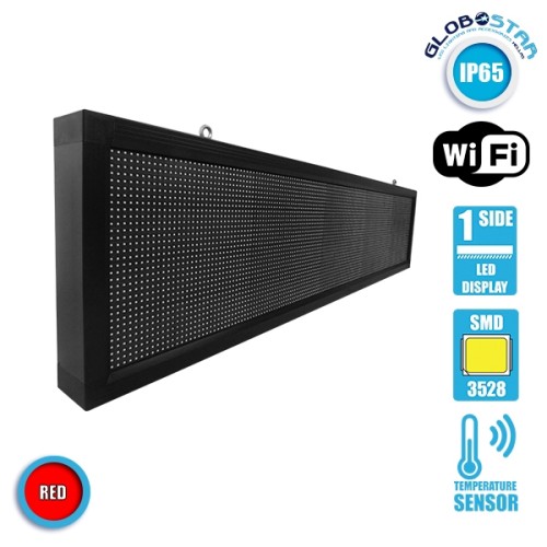 GLOBOSTAR® DISPLAY 90281 Κυλιόμενη Ψηφιακή Επιγραφή 160x32cm P10 Μονής Όψης LED AC 220-240V Αδιάβροχο IP65 Κόκκινο - WiFi Control μέσω FK APP - Αισθητήρας Θερμοκρασίας & Υγρασίας - Μ168 x Π9 x Υ40cm - 2 Χρόνια Εγγύηση