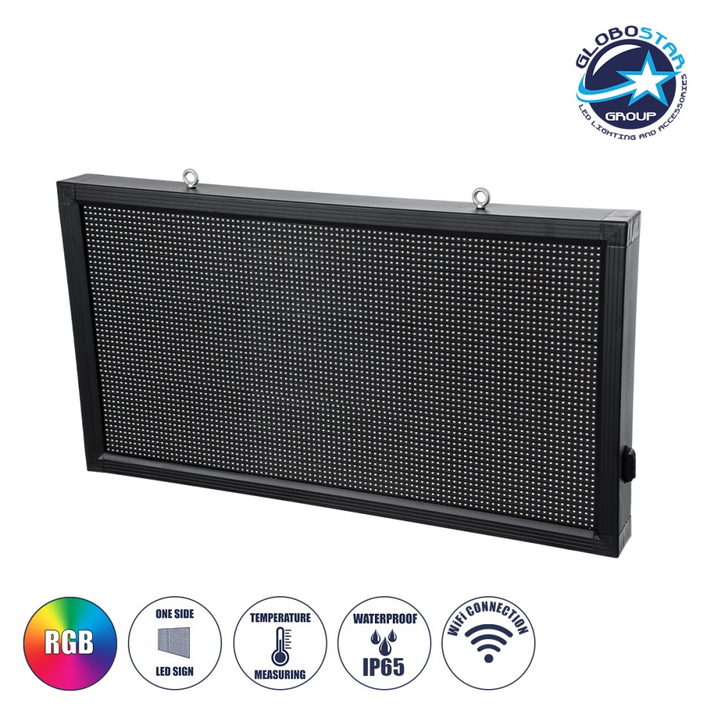 GLOBOSTAR® DISPLAY 90297 Κυλιόμενη Ψηφιακή Επιγραφή 96x48cm P10 Μονής Όψης LED AC 220-240V Αδιάβροχο IP65 RGB - WiFi Control μέσω FK APP - Αισθητήρας Θερμοκρασίας & Υγρασίας - Μ104 x Π9 x Υ56cm - 2 Χρόνια Εγγύηση