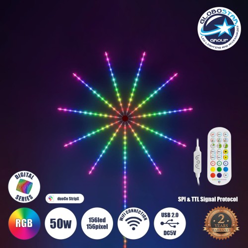 GLOBOSTAR® DIGIFRWORKS 90339 Σετ Ψηφιακής Pixel Addressable Ταινίας με RF Ασύρματο Χειριστήριο & Λειτουργία μέσω WiFi APP LED 50W 3000lm 120° DC 5V με USB 2.0 IP20 156 x SMD5050 Chip 156 x Pixel Πολύχρωμο RGB Dimmable SPI/TTL Protocol - Sanan SMD Chip