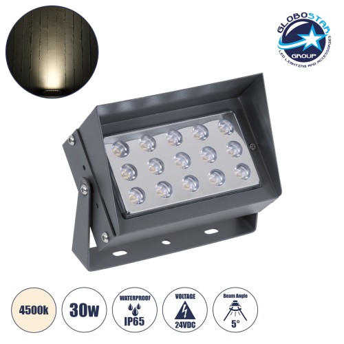 GLOBOSTAR® FLOODKAMY 90373 Προβολέας Σποτ Wall Washer με Αντιθαμβωτική Γρίλια LED 30W 3450lm 5° DC 24V Αδιάβροχο IP65 Φυσικό Λευκό 4500K Dimmable - Bridgelux SMD Chip - Γκρι Ανθρακί - Μ19.5 x Π10.7 x Υ9.5cm - 3 Χρόνια Εγγύηση
