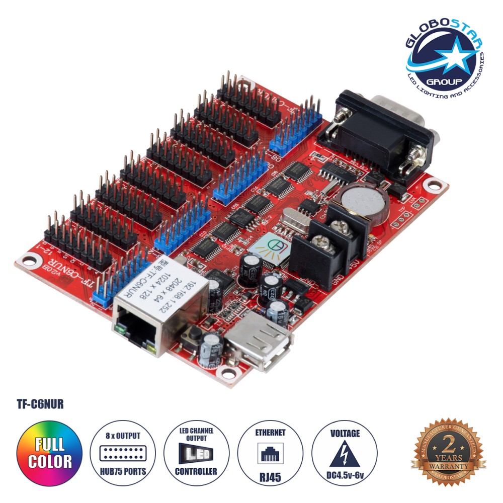 GloboStar® TF-C6NUR 90386 LED Receiving Card 8 x HUB75 - Κάρτα Καναλιών για Ψηφιακές Οθόνες LED Video Wall Single Color W2048 x H64 & W1024 x H128 - Double Color W1024 x H64 - W512 x H128 - Gigabit Network Linkable - DC 3.5~6V - IP20 Μ11.7 x Π7.8 x Υ1