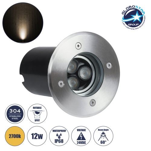GloboStar® UNDERWATER-LUNTA 90401 Υποβρύχιο Χωνευτό Κινούμενο Φωτιστικό Σποτ Ειδικό για Σιντριβάνια LED 12W 1080lm 60° DC 24V Αδιάβροχο IP68 Φ12 x Υ13cm Θερμό Λευκό 2700K - Ανοξείδωτο Ατσάλι - 3 Χρόνια Εγγύηση