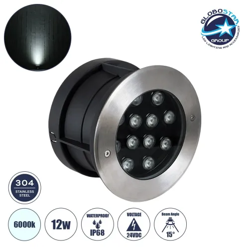 GloboStar® UNDERWATER-GUNE 90405 Υποβρύχιο Χωνευτό Φωτιστικό Σποτ Ειδικό για Σιντριβάνια LED 12W 1200lm 60° DC 24V Αδιάβροχο IP68 Φ10 x Υ7.5cm Ψυχρό Λευκό 6000K - Ανοξείδωτο Ατσάλι - 3 Χρόνια Εγγύηση