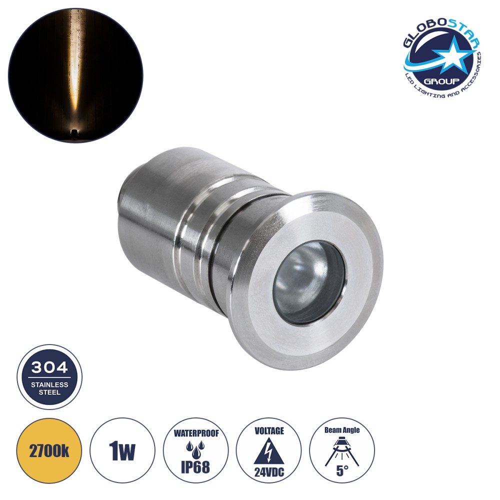 GLOBOSTAR® UNDERWATERDANI 90410 Υποβρύχιο Χωνευτό Σποτ για Σιντριβάνια/Πισίνες LED 1W 90lm 5° DC 24V Αδιάβροχο IP68 Θερμό Λευκό 2700K Dimmable - Bridgelux SMD Chip - Ανοξείδωτο Ατσάλι SS304 - Μ3 x Π3 x Υ5cm / Q2.5cm - 3 Χρόνια Εγγύηση