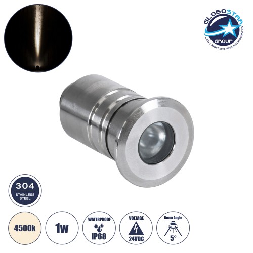 GLOBOSTAR® UNDERWATERDANI 90411 Υποβρύχιο Χωνευτό Σποτ για Σιντριβάνια/Πισίνες LED 1W 95lm 5° DC 24V Αδιάβροχο IP68 Φυσικό Λευκό 4500K Dimmable - Bridgelux SMD Chip - Ανοξείδωτο Ατσάλι SS304 - Μ3 x Π3 x Υ5cm / Q2.5cm - 3 Χρόνια Εγγύηση