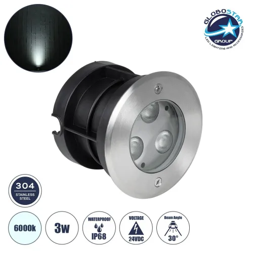 GLOBOSTAR® UNDERWATERHUNI 90415 Υποβρύχιο Χωνευτό Σποτ για Σιντριβάνια/Πισίνες LED 3W 300lm 30° DC 24V Αδιάβροχο IP68 Ψυχρό Λευκό 6000K Dimmable - Bridgelux SMD Chip - Ανοξείδωτο Ατσάλι SS304 - Μ10 x Π10 x Υ7.5cm / Q9cm - 3 Χρόνια Εγγύηση