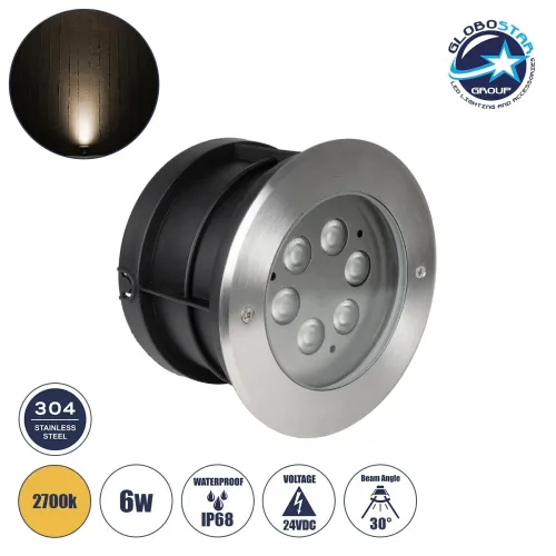 GLOBOSTAR® UNDERWATERYUNI 90417 Υποβρύχιο Χωνευτό Σποτ για Σιντριβάνια/Πισίνες LED 6W 540lm 30° DC 24V Αδιάβροχο IP68 Θερμό Λευκό 2700K Dimmable - Bridgelux SMD Chip - Ανοξείδωτο Ατσάλι SS304 - Μ14.6 x Π14.6 x Υ9cm / Q13.3cm - 3 Χρόνια Εγγύηση