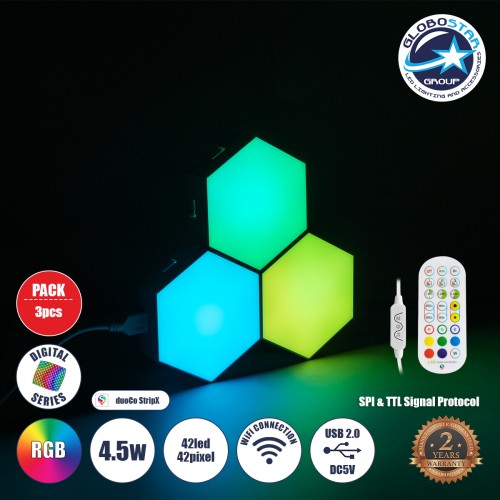 GloboStar® DIGIOCTA 90447 Σετ 3 Ψηφιακων LED RGB Φωτιστικών Κυψελών με Ψηφιακό Controller με WiFi Smart APP & Ασύρματο Χειριστήριο RF 2.4Ghz - LED SMD 5050 4.5W/Σετ 42PIXEL/Σετ 360lm/Σετ 120° DC 5V με USB 2.0 IP20 Πολύχρωμο RGB - Dimmable - Μ10.5 x Π1
