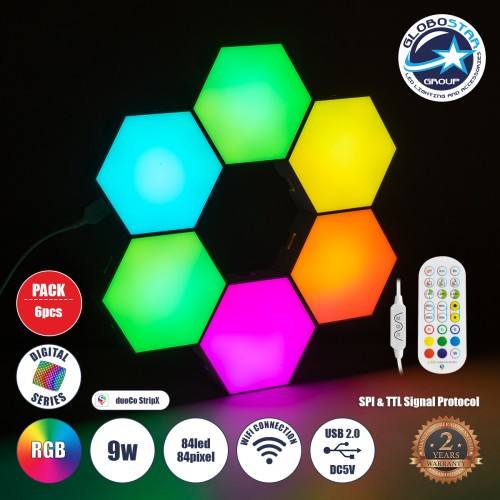 GloboStar® DIGIOCTA 90448 Σετ 6 Ψηφιακων LED RGB Φωτιστικών Κυψελών με Ψηφιακό Controller με WiFi Smart APP & Ασύρματο Χειριστήριο RF 2.4Ghz - LED SMD 5050 9W/Σετ 84PIXEL/Σετ 720lm/Σετ 120° DC 5V με USB 2.0 IP20 Πολύχρωμο RGB - Dimmable - Μ10.5 x Π10.