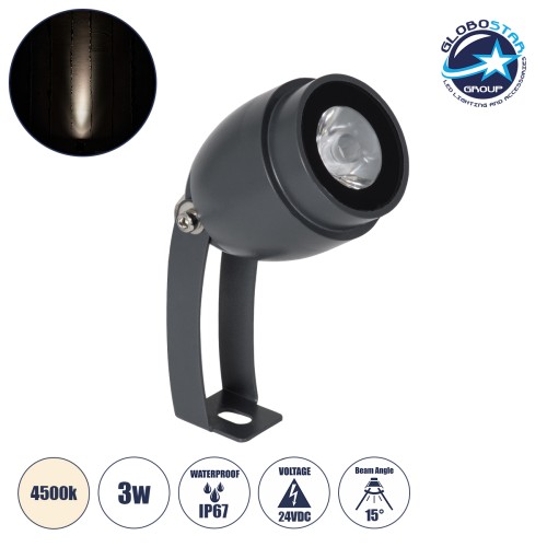GLOBOSTAR® TREEGAL 90462 Φωτιστικό Σποτ για Φυτά - Δέντρα με Βάση Μπετού & Κορμού LED 3W 345lm 15° DC 24V Αδιάβροχο IP67 Φυσικό Λευκό 4500K Dimmable - Bridgelux SMD Chip - Γκρι Ανθρακί - Μ5 x Π5 x Υ14.7cm - 3 Χρόνια Εγγύηση