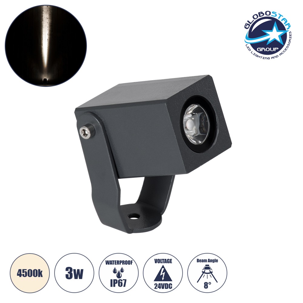 GloboStar® TREELIGHT-TREEMARO 90473 Σποτ Φωτισμού Ειδικό για Φυτά - Δέντρα LED 3W 345lm 8° DC 24V Αδιάβροχο IP67 Μ3.5 x Π6.4 x Υ10cm Φυσικό Λευκό 4500K - Γκρι Ανθρακί - 3 Years Warranty