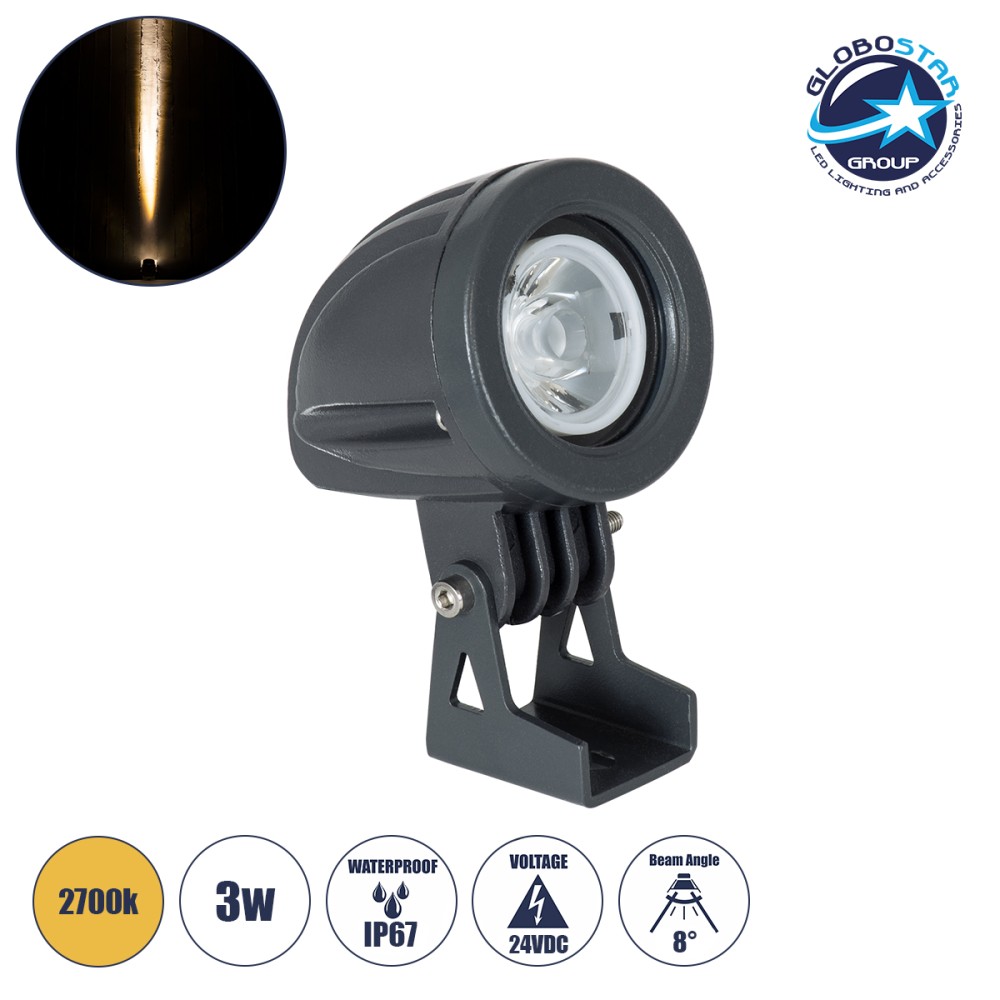 GLOBOSTAR® TREEDITA 90474 Φωτιστικό Σποτ για Φυτά - Δέντρα LED 3W 330lm 8° DC 24V Αδιάβροχο IP67 Θερμό Λευκό 2700K Dimmable - Bridgelux SMD Chip - Γκρι Ανθρακί - Μ5.7 x Π6.5 x Υ9.8cm - 3 Χρόνια Εγγύηση