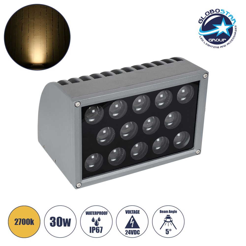 GloboStar® FLOOD-DENA 90487 Επιτοίχιος Προβολέας Wall Washer για Φωτισμό Κτιρίων - Απλίκα & Δαπέδου LED 30W 2700lm 5° DC 24V Αδιάβροχο IP67 Μ18.5 x Π13 x Υ12cm Θερμό Λευκό 2700K - Γκρι Ανθρακί - 3 Years Warranty