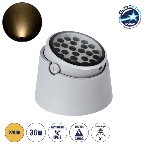 GLOBOSTAR® FLOODRANA 90489 Κινούμενος Προβολέας Σποτ Wall Washer LED 36W 3240lm 5° DC 24V Αδιάβροχο IP67 Θερμό Λευκό 2700K Dimmable - Bridgelux SMD Chip - Γκρι - Μ26.5 x Π26.5 x Υ20cm - 3 Χρόνια Εγγύηση