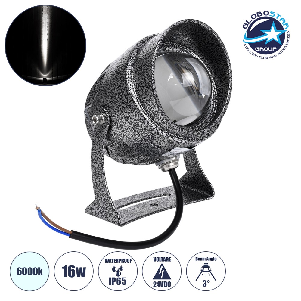 GloboStar® SPOT-XENIA 90509 Σποτ Φωτισμου Wall Washer LED 16W 1600lm 3° DC 24V Αδιάβροχο IP65 Φ9 x Υ12cm Ψυχρό Λευκό 6000K Dimmable - Σφυρήλατο Γκρι - 3 Years Warranty
