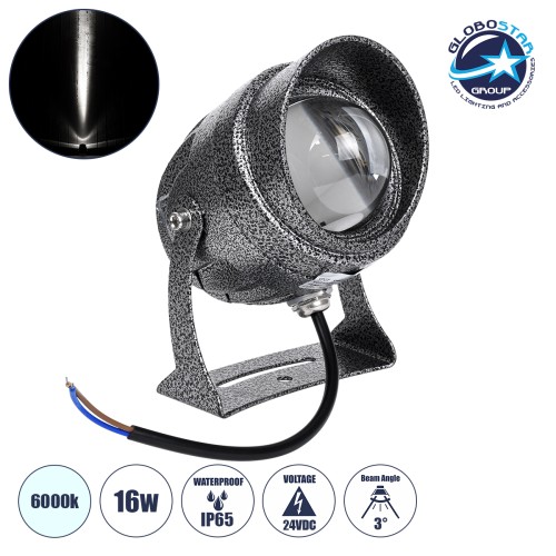 GloboStar® SPOT-XENIA 90509 Σποτ Φωτισμου Wall Washer LED 16W 1600lm 3° DC 24V Αδιάβροχο IP65 Φ9 x Υ12cm Ψυχρό Λευκό 6000K Dimmable - Σφυρήλατο Γκρι - 3 Years Warranty