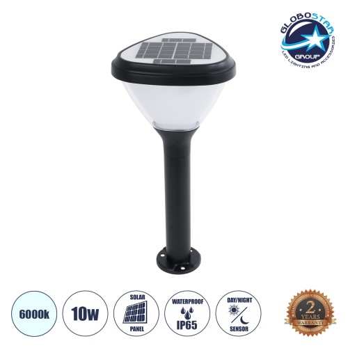 GLOBOSTAR® SOLARMIS 90521 Φωτιστικό Κολωνάκι Κήπου LED 10W 180lm 120° με Ενσωματωμένο Φωτοβολταϊκό Panel 6V 5W & Επαναφορτιζόμενη Μπαταρία Li-ion 3.2V 6000mAh με Αισθητήρα Ημέρας-Νύχτας Αδιάβροχο IP65 Ψυχρό Λευκό 6000K - Μαύρο - Μ26 x Π26 x Υ60cm - 2 