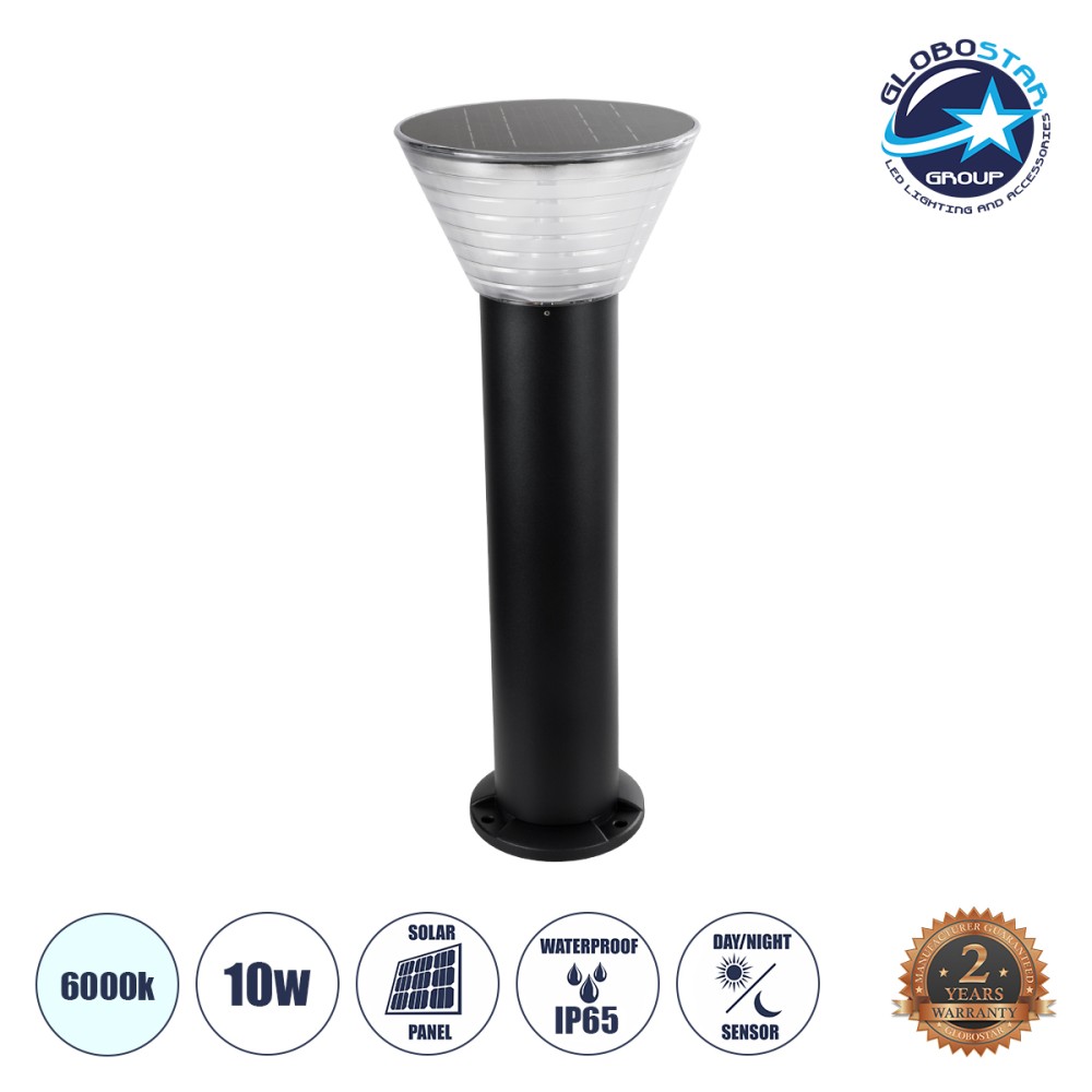 GLOBOSTAR® VEGGIE 90525 Φωτιστικό Κολωνάκι Κήπου LED 10W 500lm 120° με Ενσωματωμένο Φωτοβολταϊκό Panel 6V 2W & Επαναφορτιζόμενη Μπαταρία Li-ion 3.2V 1800mAh με Αισθητήρα Ημέρας-Νύχτας Αδιάβροχο IP65 Ψυχρό Λευκό 6000K - Sanan SMD Chip - Μαύρο- Μ23 x Π2