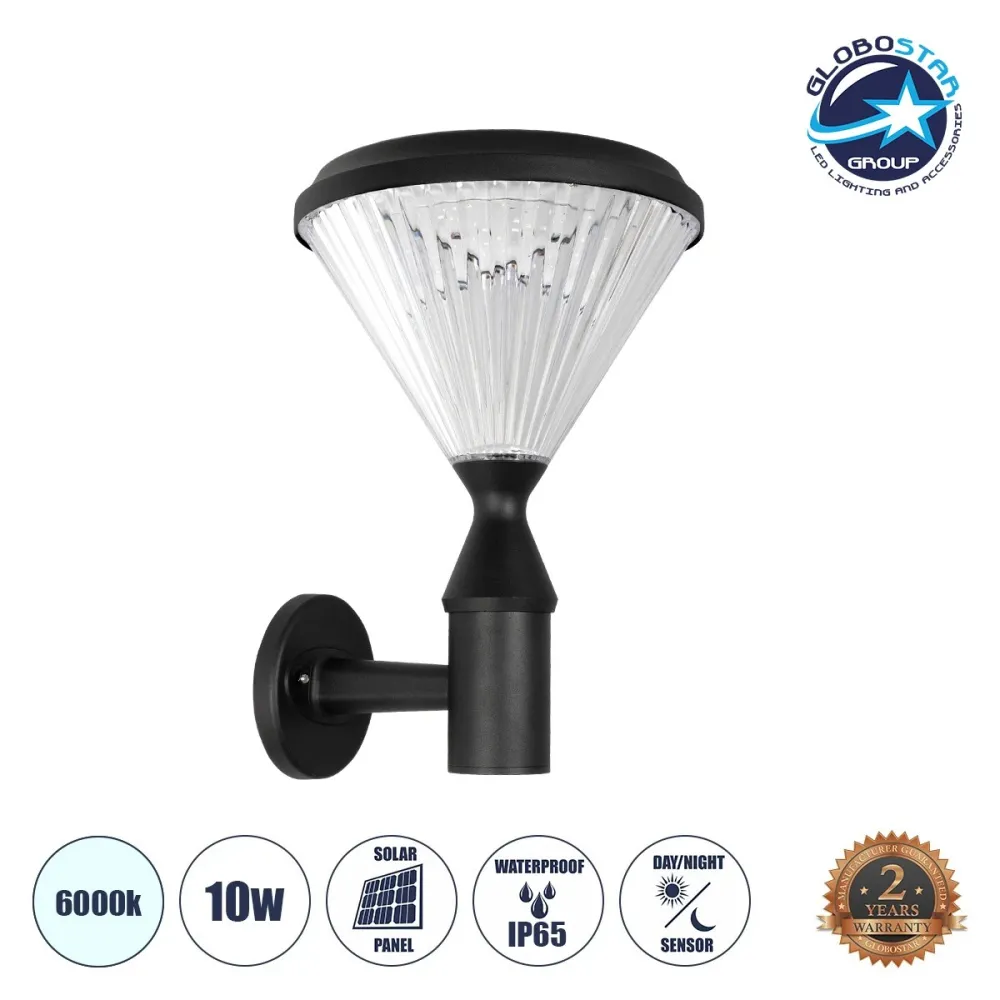 GLOBOSTAR® SOLARTIS 90527 Μοντέρνο Φωτιστικό Τοίχου - Απλίκα LED 10W 1000lm 180° με Ενσωματωμένο Φωτοβολταϊκό Panel 6V 5W & Επαναφορτιζόμενη Μπαταρία Li-ion 3.2V 6000mAh με Αισθητήρα Ημέρας-Νύχτας Αδιάβροχο IP65 Ψυχρό Λευκό 6000K - Sanan SMD Chip - Μα