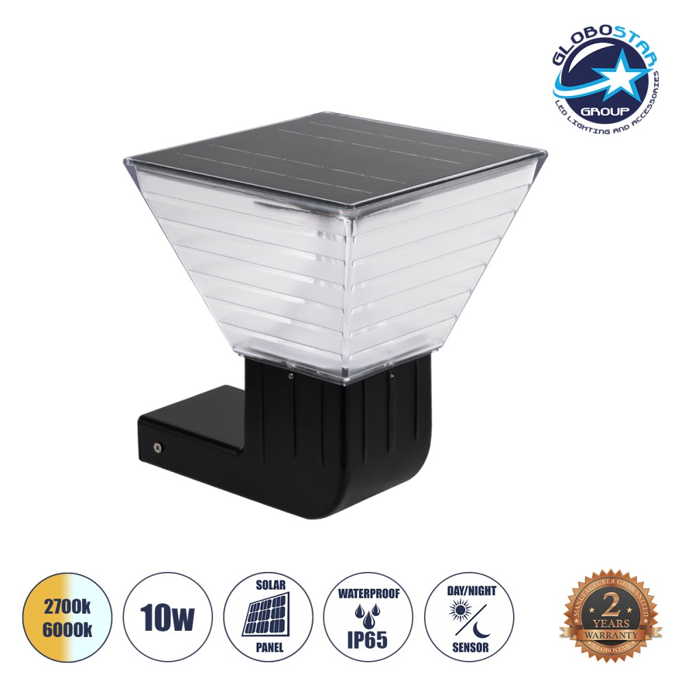 GLOBOSTAR® GRACIOUS 90529 Μοντέρνο Φωτιστικό Τοίχου - Απλίκα LED 10W 500lm 120° με Ενσωματωμένο Φωτοβολταϊκό Panel 6V 2W & Επαναφορτιζόμενη Μπαταρία Li-ion 3.2V 1800mAh με Αισθητήρα Ημέρας-Νύχτας Αδιάβροχο IP65 Ρυθμιζόμενο Λευκό CCT με Διακόπτη στο Σώ