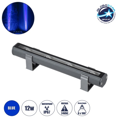 GLOBOSTAR® WINDOWBARI 90539 Φωτιστικό Ανάδειξης Παραθύρων LED 12W 960lm 8°x180° DC 24V Αδιάβροχο IP67 Μπλε Dimmable - CREE XPE Chip - Γκρι Ανθρακί - Μ30 x Π4 x Υ3.5cm - 3 Χρόνια Εγγύηση