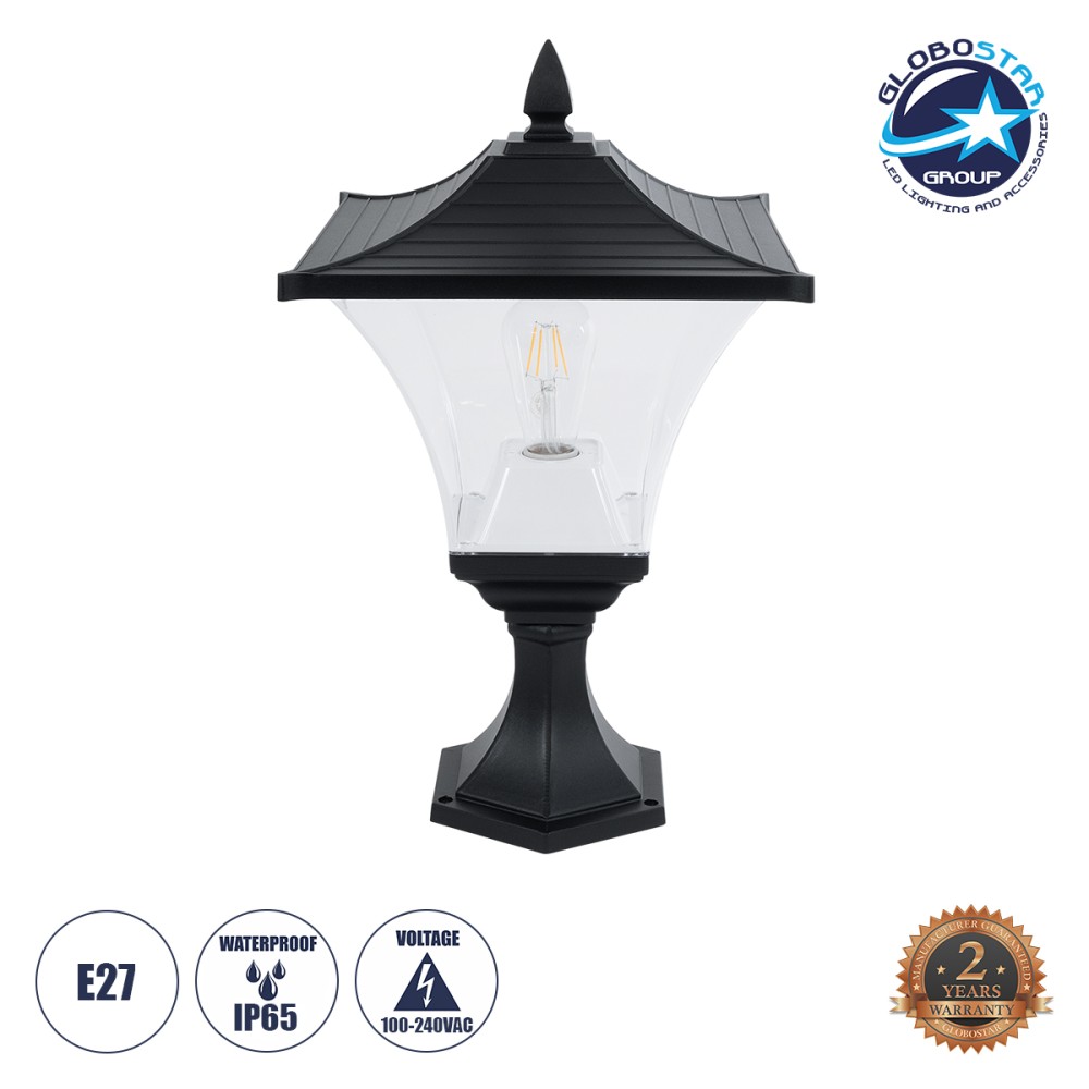 GLOBOSTAR® DIRAHIO 90552 Φωτιστικό Κολωνάκι Κήπου με Ντουί 1 x E27 AC 220-240V Αδιάβροχο IP65 - Μαύρο Ματ - Μ32 x Π32 x Υ52cm
