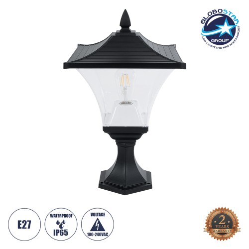 GLOBOSTAR® DIRAHIO 90552 Φωτιστικό Κολωνάκι Κήπου με Ντουί 1 x E27 AC 220-240V Αδιάβροχο IP65 - Μαύρο Ματ - Μ32 x Π32 x Υ52cm
