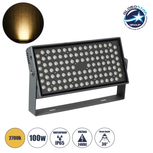 GLOBOSTAR® FLOODZANA 90558 Προβολέας Σποτ Wall Washer LED 100W 9000lm 30° DC 24V Αδιάβροχο IP65 Θερμό Λευκό 2700K Dimmable - Bridgelux SMD Chip - Γκρι Ανθρακί - Μ45.5 x Π28 x Υ10cm - 3 Χρόνια Εγγύηση