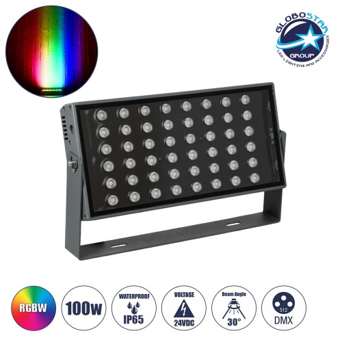 GLOBOSTAR® FLOODZANA 90559 Προβολέας Σποτ Wall Washer LED 100W 8000lm 30° DC 24V Αδιάβροχο IP65 Πολύχρωμο RGBW Dimmable DMX512 - Bridgelux SMD Chip - Γκρι Ανθρακί - Μ45.5 x Π28 x Υ10cm - 3 Χρόνια Εγγύηση