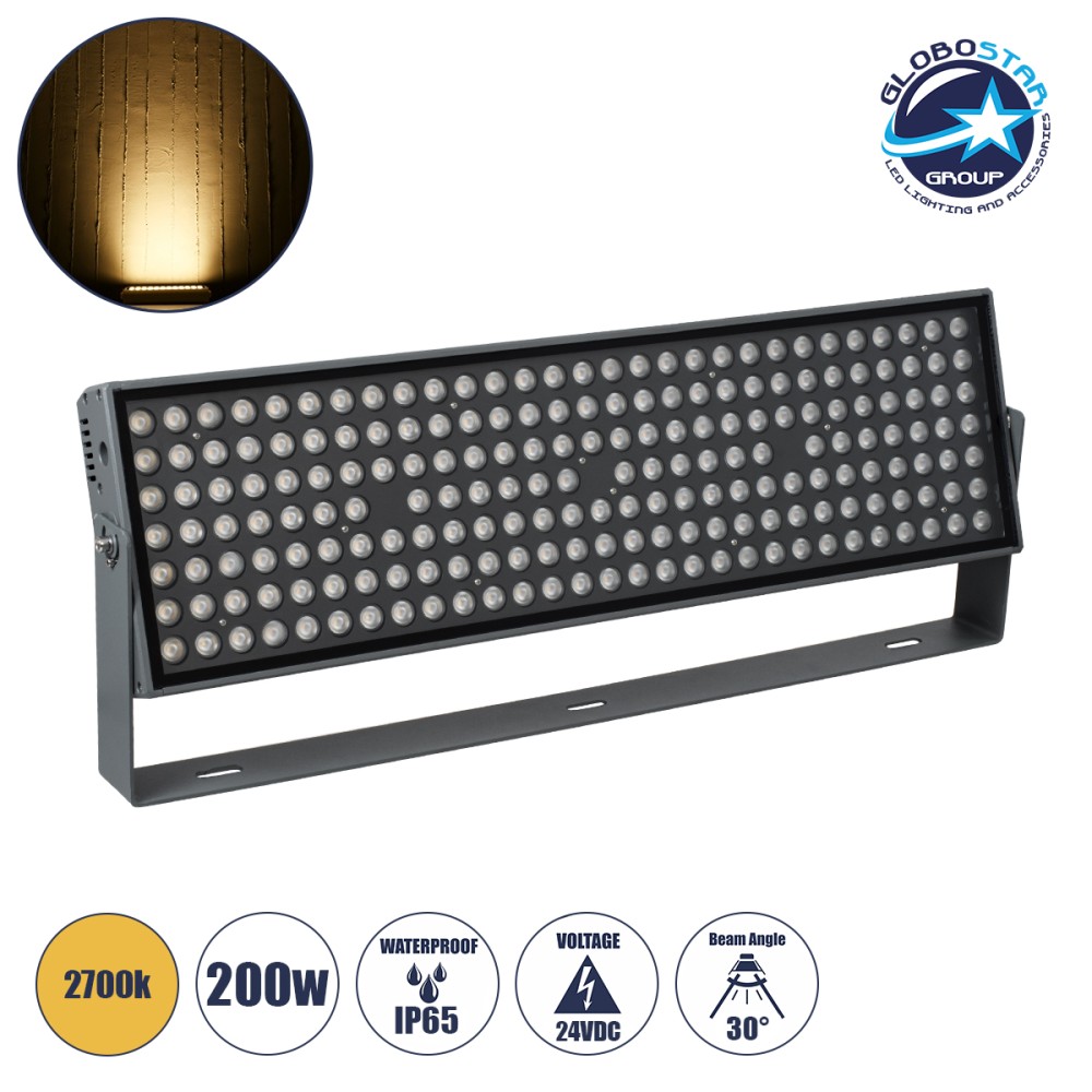GLOBOSTAR® FLOODZANA 90560 Προβολέας Σποτ Wall Washer LED 200W 18000lm 30° DC 24V Αδιάβροχο IP65 Θερμό Λευκό 2700K Dimmable - Bridgelux SMD Chip - Γκρι Ανθρακί - Μ70 x Π29 x Υ10cm - 3 Χρόνια Εγγύηση