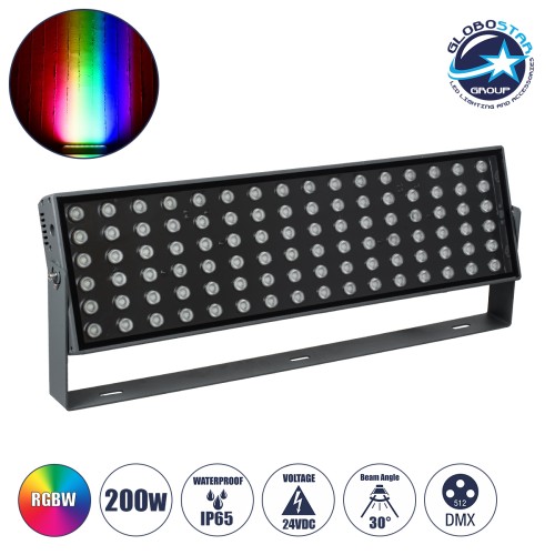 GLOBOSTAR® FLOODZANA 90561 Προβολέας Σποτ Wall Washer LED 200W 16000lm 30° DC 24V Αδιάβροχο IP65 Πολύχρωμο RGBW Dimmable DMX512 - Bridgelux SMD Chip - Γκρι Ανθρακί - Μ70 x Π29 x Υ10cm - 3 Χρόνια Εγγύηση