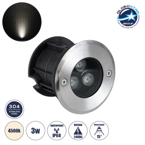 GloboStar® UNDERWATER-JULIA 90563 Υποβρύχιο Χωνευτό Φωτιστικό Σποτ Ειδικό για Σιντριβάνια LED 3W 285lm 15° DC 24V Αδιάβροχο IP68 Φ10 x Υ7.5cm Φυσικό Λευκό 4500K - Ανοξείδωτο Ατσάλι - 3 Χρόνια Εγγύηση