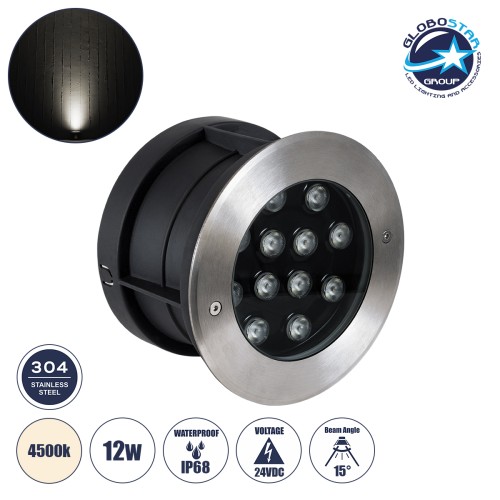 GloboStar® UNDERWATER-JULIA 90569 Υποβρύχιο Χωνευτό Φωτιστικό Σποτ Ειδικό για Σιντριβάνια LED 12W 1140lm 15° DC 24V Αδιάβροχο IP68 Φ18 x Υ11.2cm Φυσικό Λευκό 4500K - Ανοξείδωτο Ατσάλι - 3 Χρόνια Εγγύηση