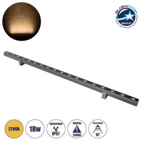 GLOBOSTAR® WASHERPANDA 90579 Μπάρα Φωτισμού Wall Washer LED 18W 1980lm 15° DC 24V Αδιάβροχο IP65 Θερμό Λευκό 2700K Dimmable - Bridgelux SMD Chip - Γκρι Ανθρακί Ματ - Μ100 x Π4 x Υ3.5cm - 3 Χρόνια Εγγύηση