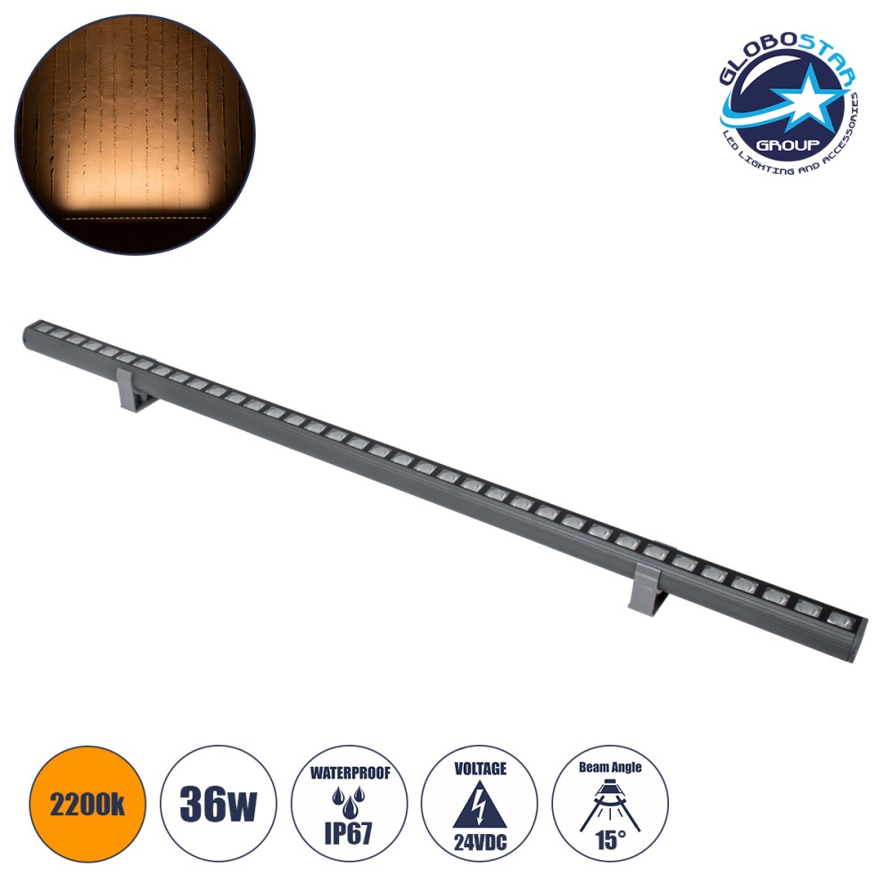 GLOBOSTAR® WASHERPANDA 90582 Μπάρα Φωτισμού Wall Washer LED 36W 3780lm 15° DC 24V Αδιάβροχο IP67 Ultra Θερμό Λευκό 2200K Dimmable - Bridgelux SMD Chip - Γκρι Ανθρακί - Μ100 x Π4 x Υ3.5cm - 3 Χρόνια Εγγύηση