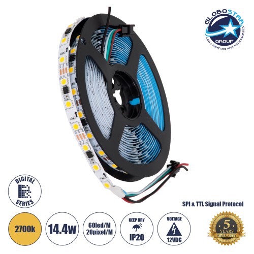 GLOBOSTAR® DIGIPRO 90588 Ψηφιακή Pixel Addressable Ταινία LED 14.4W/m 1296lm/m 120° DC 12V IP20 60 x SMD5050 Chip/m 20 x Pixel/m Θερμό Λευκό 2700K Dimmable SPI/TTL Protocol IC WS2811/UCS16703 - Sanan SMD Chip - Μ500 x Π1 x Υ0.2cm - Ρολό 5 Μέτρων - 5 Χρόνι