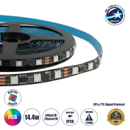 GLOBOSTAR® DIGIPRO 90589 Ψηφιακή Pixel Addressable Ταινία LED 14.4W/m 864lm/m 120° DC 12V IP20 60 x SMD5050 Chip/m 20 x Pixel/m Πολύχρωμο RGB Dimmable SPI/TTL Protocol IC WS2811/SM16703P - Sanan SMD Chip - Μ500 x Π1 x Υ0.2cm - Ρολό 5 Μέτρων - 5 Χρόνια Εγγ