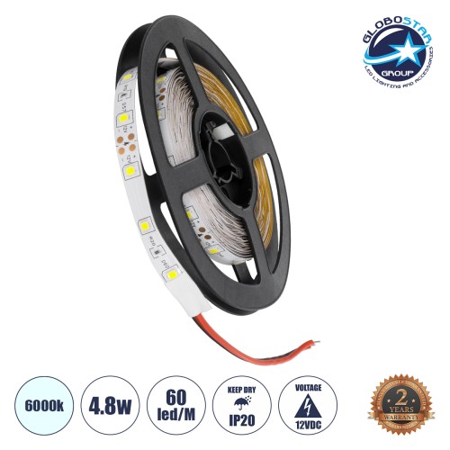 GLOBOSTAR® AVILA 90590 Ταινία LED 4.8W/m 300lm/m 120° DC 12V IP20 60 x SMD3528 Chip/m Ψυχρό Λευκό 6000K Dimmable - Sanan SMD Chip - Μ500 x Π0.7 x Υ0.2cm - Ρολό 5 Μέτρων - 2 Χρόνια Εγγύηση