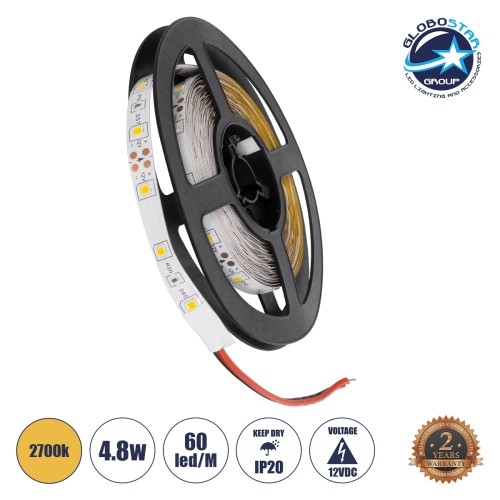 GLOBOSTAR® AVILA 90592 Ταινία LED 4.8W/m 260lm/m 120° DC 12V IP20 60 x SMD3528 Chip/m Θερμό Λευκό 2700K Dimmable - Sanan SMD Chip - Μ500 x Π0.7 x Υ0.2cm - Ρολό 5 Μέτρων - 2 Χρόνια Εγγύηση