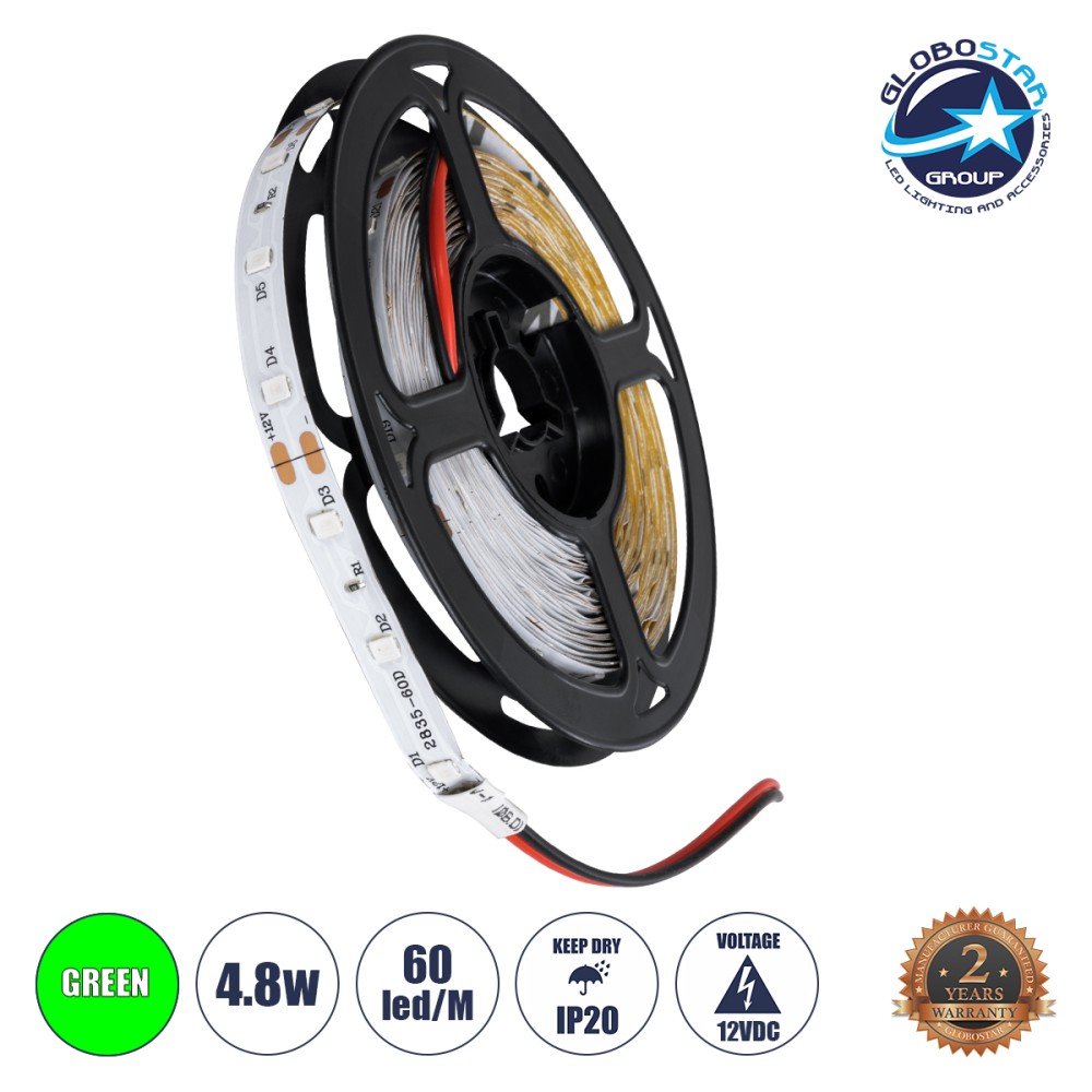 GLOBOSTAR® AVILA 90594 Ταινία LED 4.8W/m 200lm/m 120° DC 12V IP20 60 x SMD3528 Chip/m Πράσινο Dimmable - Sanan SMD Chip - Μ500 x Π0.7 x Υ0.2cm - Ρολό 5 Μέτρων - 2 Χρόνια Εγγύηση