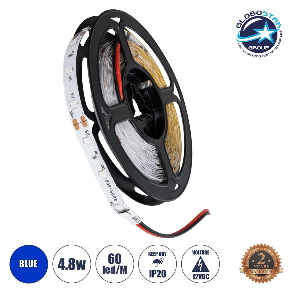 GLOBOSTAR® AVILA 90595 Ταινία LED 4.8W/m 200lm/m 120° DC 12V IP20 60 x SMD3528 Chip/m Μπλε Dimmable - Sanan SMD Chip - Μ500 x Π0.7 x Υ0.2cm - Ρολό 5 Μέτρων - 2 Χρόνια Εγγύηση
