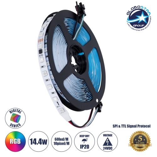 GLOBOSTAR® DIGIPRO 90596 Ψηφιακή Pixel Addressable Ταινία LED 14.4W/m 864lm/m 120° DC 24V IP20 60 x SMD5050 Chip/m 10 x Pixel/m Πολύχρωμο RGB Dimmable SPI/TTL Protocol IC WS2811/SM16703P - Sanan SMD Chip - Μ500 x Π1 x Υ0.2cm - Ρολό 5 Μέτρων - 5 Χρόνια Εγγ